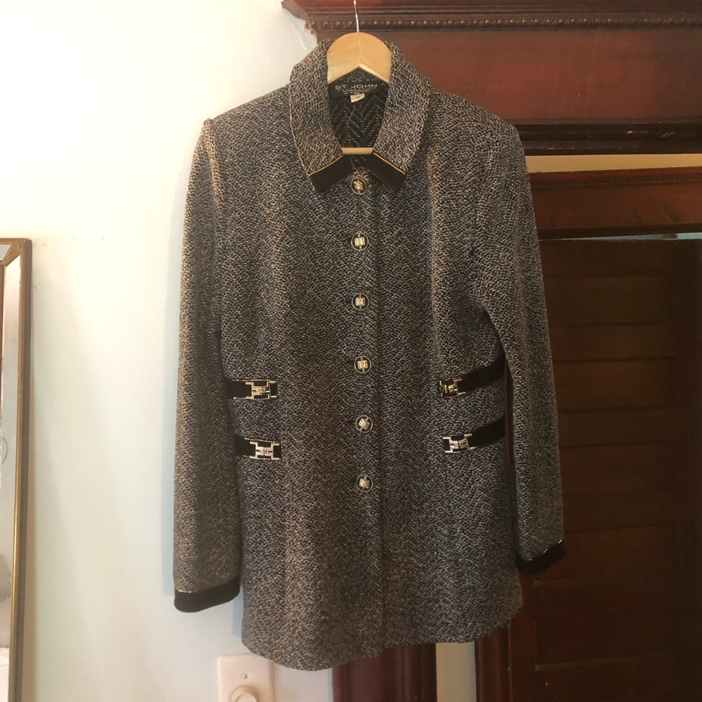 St. John Collection knits Black and Gray Women's Coat with gold buttons